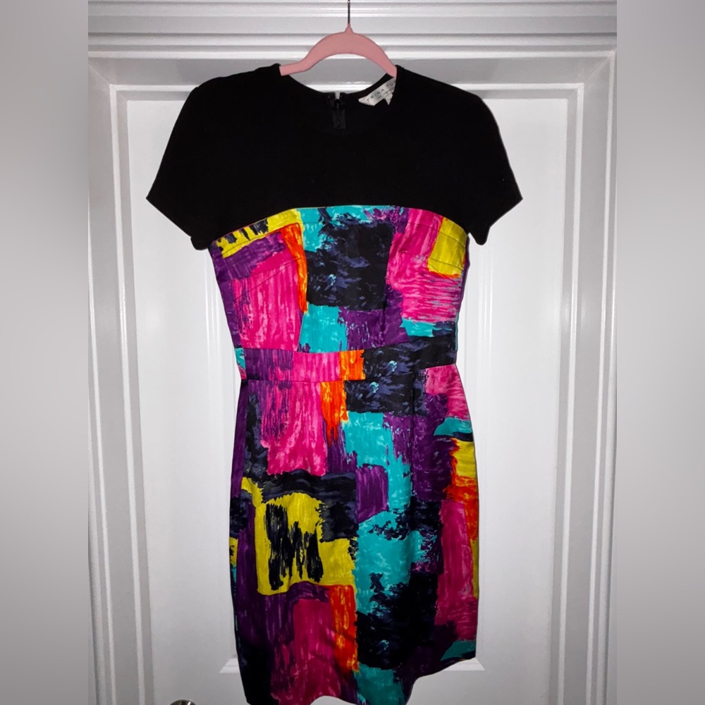 TRINA TURK | BLACK & RAINBOW ABSTRACT PRINT SHEATH DRESS | 0